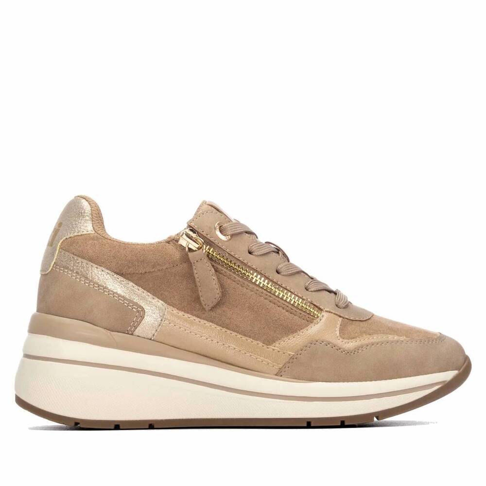 NEW XTI women's suede wedge lace-up sneakers in beige